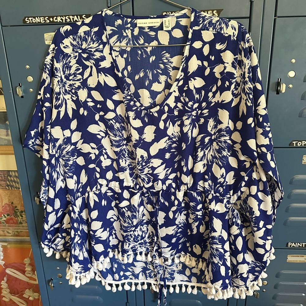 Susan Graver Blue and White Floral Tunic with Pom-Pom Trim